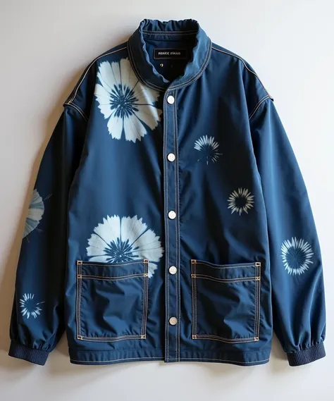 image of craftsmanship product design, contemporary Tie-dye jacket,  made from cotton, naturally soft paste indigo. The jacket showcase in patchwork textile, with hand stich and e-co print botanical patterns, patch-work, hand-stitched line,  Add Shibori dy...