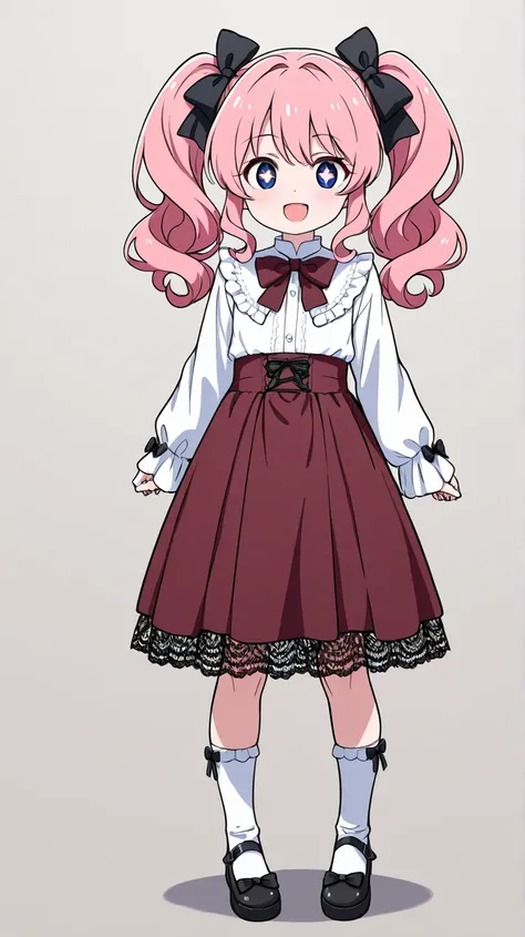 Symmetricalのイラスト　 facing the front　My chest is flat　Long, wavy hair, pale pink hair and light blue　long fluffy twin tails　 cute anime girls　white long sleeve blouse with lace detail and burgundy bow tie、Fluffy burgundy skirt with golden details on the hem、...