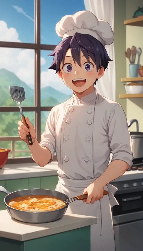 A cartoon chef is standing in front of a window, Portrait of a character inspired by Tsuruko Yamazaki, Pixiv,  what is it ？, Best Chef,  Kamado Tanjiro ,  happy chef , Hajime Katoki,  Okabelin Taro holding a bell , Sakimi-chan, tanaka suguru, cooking,  cut...