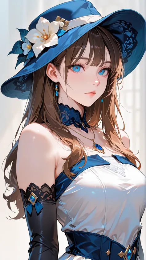 1girl, solo, long hair, looking at viewer, bangs, blue eyes, brown hair, gloves, hat, dress, jewelry, closed mouth, black gloves, elbow gloves, necklace, white dress, lips, blue dress, strapless dress, blue headwear, hat flower, simple background,masterpie...