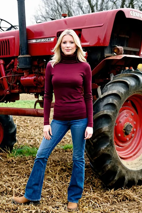  blonde girl .  age 30-35 . wearing a burgundy turtleneck and jeans. stands in front of a tractor. 