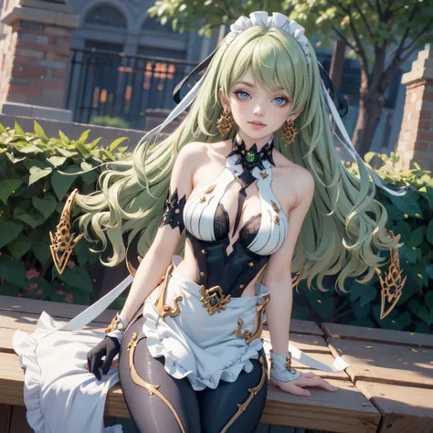 Mobius (honkai impact), honkai (series), honkai impact 3rd, asymmetrical gloves, bangs, earrings, elbow gloves, solo, gloves, green eyes, green hair, hair between eyes, jewelry, long hair, looking at viewer,  1girl, dress, solo,  ahoge, armpits, bare shoul...