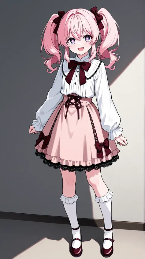 Symmetricalのイラスト　 facing the front　My chest is flat　Long, wavy hair, pale pink hair and light blue　long fluffy twin tails　 cute anime girls　white long sleeve blouse with lace detail and burgundy bow tie、Fluffy burgundy skirt with golden details on the hem、...