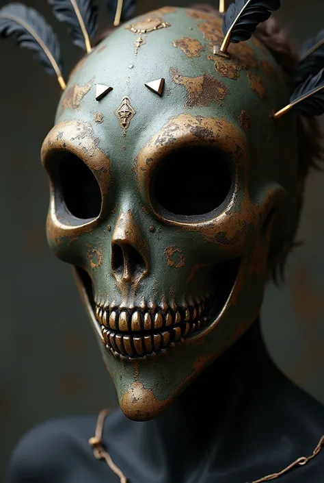 Here's a detailed prompt for the court fool's mask with a mysterious and dark twist:

" A court fool's mask with an enigmatic and dark appearance .  made of aged metal ,  with a rustic finish and subtle rust stains .  The mask covers the entire face ,  wit...