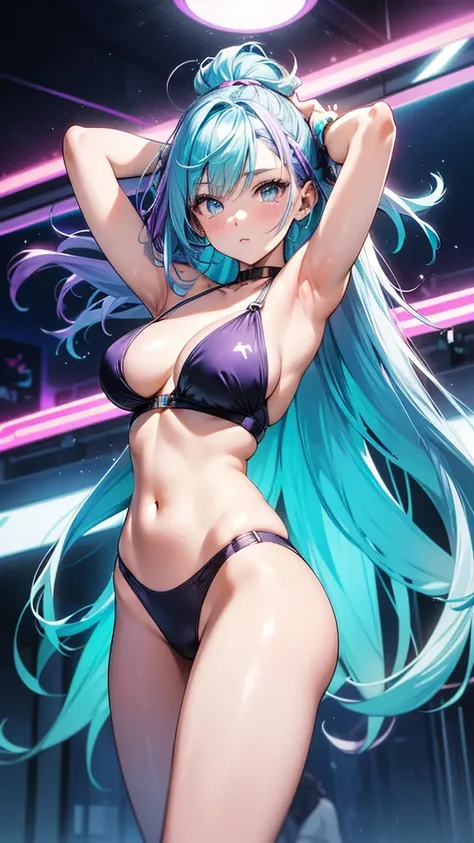 portrait, 1 girl, beautiful face, asymmetrical hair, multi-colored short blue and purple hair, She’s wearing a breezy, light-colored teal swimsuit, grey eyes, hip vent, cute, neon night beach, neon,                                          standing with ar...