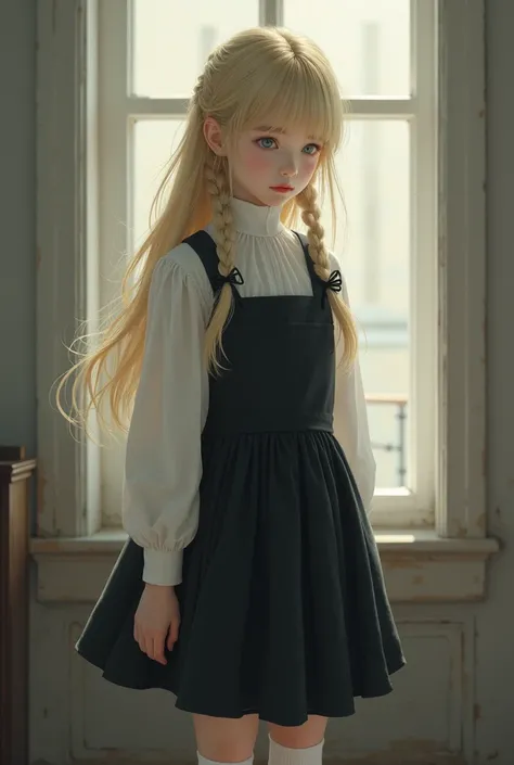 "A young Russo-Korean girl with a soft, melancholic aura. She has long blonde hair styled into two neat braids, each tied with delicate ribbons at the ends. Her pale greyish-blue eyes are full of quiet contemplation, reflecting a deep, introspective sadnes...