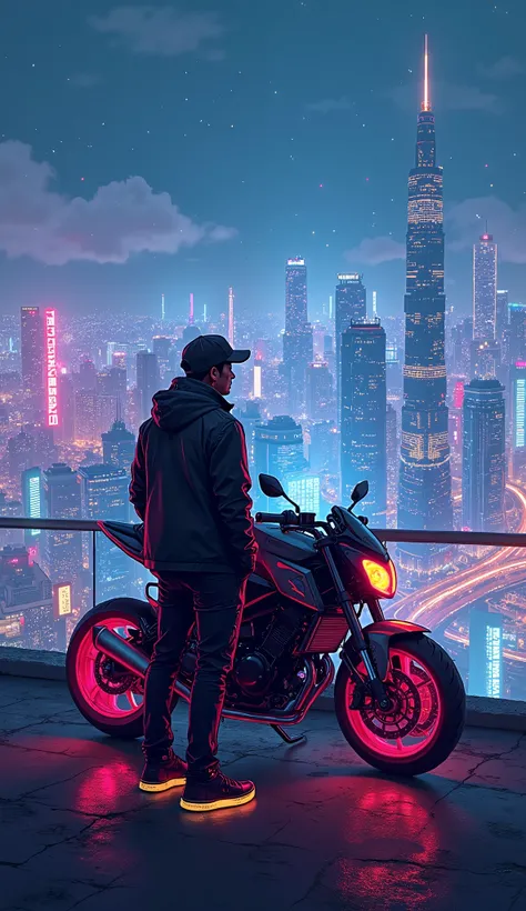 An artistic animated scene of a cool, laid-back guy standing next to his parked futuristic motorbike on a high overlook at night, gazing out at a sprawling city below. He leans casually against the motorbike , overlooking the glowing skyline filled with ne...