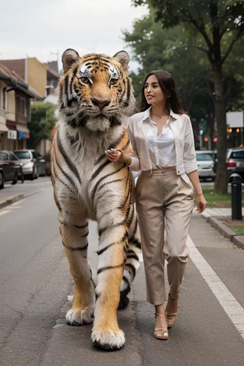 giant tiger walking with woman