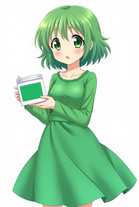 Anime girl with waist-length, slightly wavy green hair and large, expressive green eyes. She wears a flowing, knee-length, A-line dress in a vibrant shade of emerald green. She is holding a small, white plastic jar with a rectangular, solid green label. St...