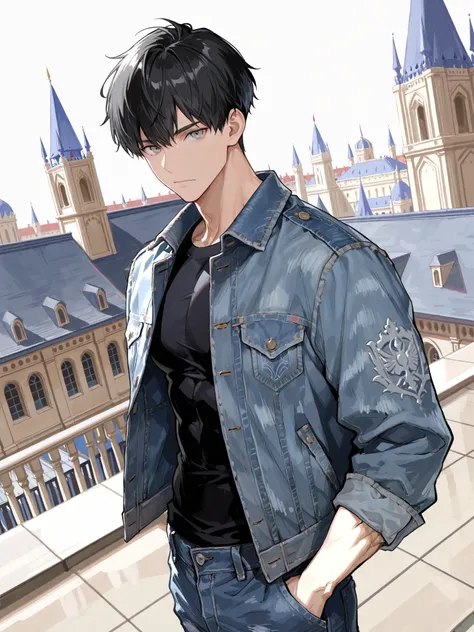 1boy, toned muscular male, black hair, short hair, grey eyes, wearing denim jacket, standing, hand in pocket, palace, indoor, school, rooftop, dutch angle, upper body, looking directly at viewer.