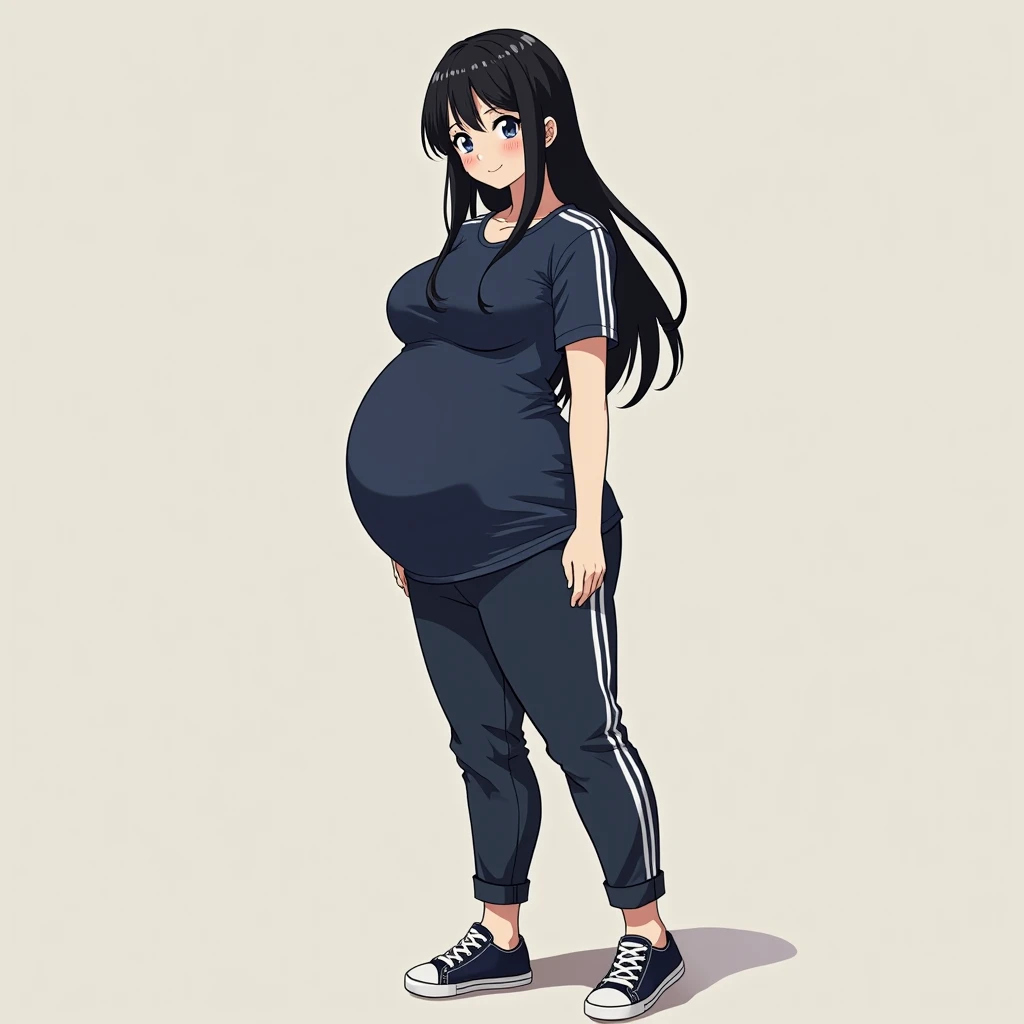 anime girl, long hair, dark black hair, dark blue eyes, dark blue T-shirt with white stripes, dark blue thin trousers with white stripes, dark blue sneakers, anime style, high definition images, big breasts, big-breasted girl with hyper-pregnancy, keep you...