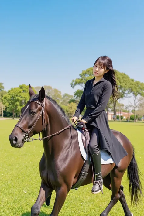 A woman riding a horse, dressed in stylish equestrian gear, with a confident and focused expression. The setting is a lush green field, with the horse galloping gracefully under a bright blue sky. The woman has long, flowing hair, and is wearing a fitted r...