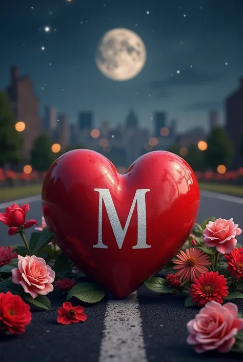 "Generate image of a highly realistic, closeup view of a large, glossy red heart placed on a smooth, asphalt road. The heart has a clean, white letter 'M' painted on it, with sharp edges and a slightly weathered texture for authenticity. Surrounding the he...