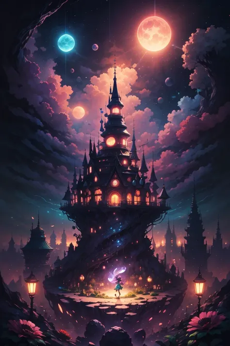  a small group of anime-style chibi character fairies wearing goggles and hats,  magic wand , (The underground kingdom), in a colorful magical dreamland scene ,  Surrounded by。,  casts a spell 、 swirling over the night cityscape from the top of a tower   ,...