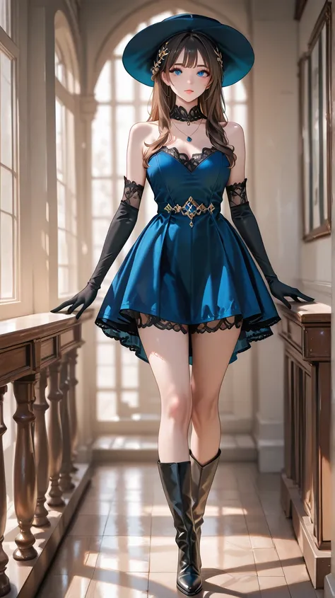 1girl, full body, tall legs, solo, long hair, looking at viewer, bangs, blue eyes, brown hair, gloves, hat, nude, jewelry, closed mouth, black gloves, elbow gloves, necklace, black boots, black lace thigthigh, lips, blue dress, hair ornament, art backgroun...