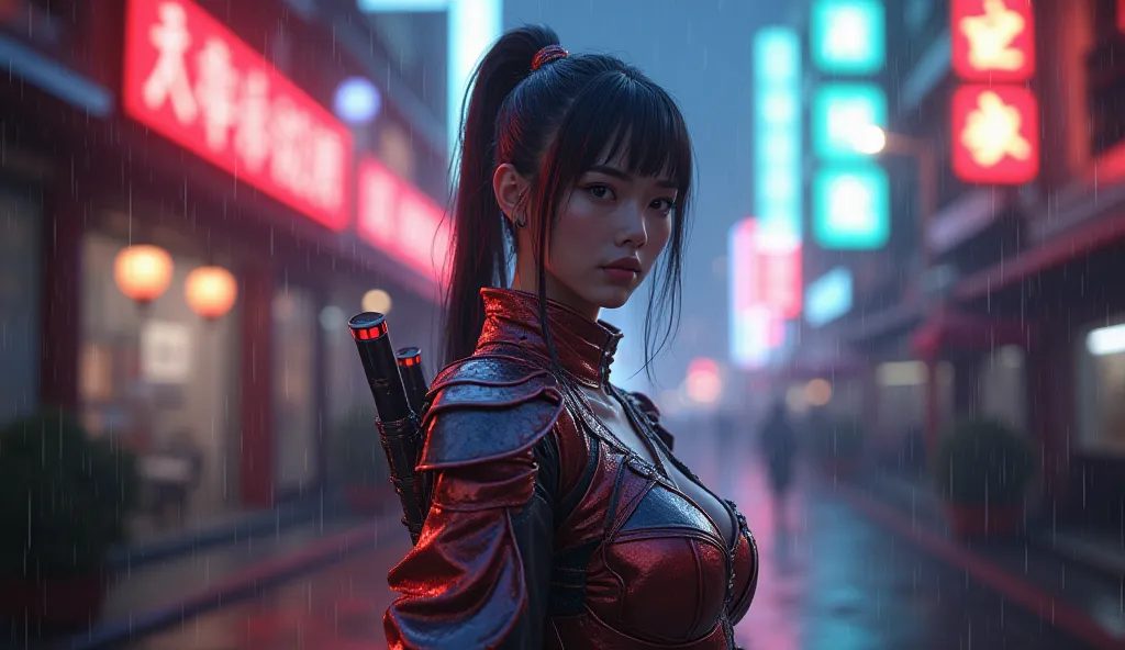 (Photorealistic)(unreal engine 5)(hdr)(hyper realistic) a beautiful samurai woman, wearing silk clothing and sleek futuristic armor, neon glow, techno samurai, attractive, Asian themes, standing in the rain, city street.