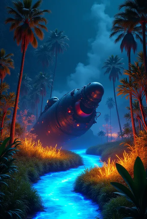 Ultra-realistic mystic tropical jungle with bioluminecent colorful plants, trees, and creatures. Avatar style. The sky is completely black. There is a massive silk black and red space ship crashed on the ground with smoke around. The grass looks like golde...