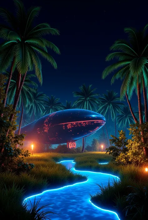 Ultra-realistic mystic tropical jungle with bioluminecent colorful plants, trees, and creatures. Avatar style. The sky is completely black. There is a massive silk black and red space ship crashed on the ground with smoke around. The grass looks like golde...