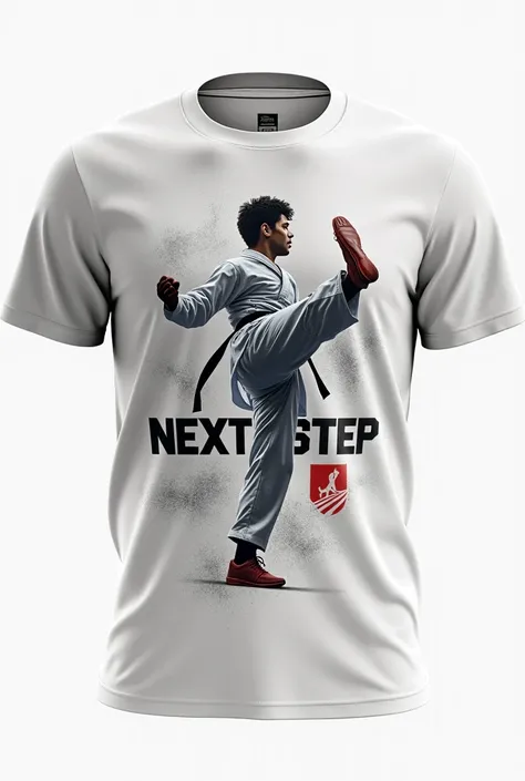 Create an image on a T-Shirt with the front image of a taekwondo athlete and the logo written “Next step”