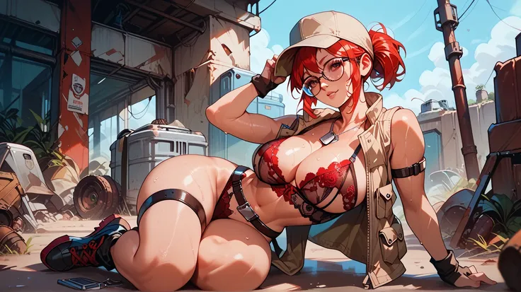  Sexy Fio Germi, UHD, with glasses, con dog tags, cap,  Redhaired , in a wasteland,  big breasts , pose sexy, thigh strap, About a tank, sweating, full body,  wearing red lace lingerie ,  legs open,