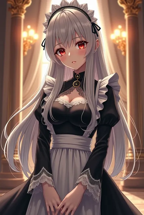 "4K anime style quality, digital drawing mode, a dignified and mature woman with long silver hair flowing like silk, red eyes, and an elegant figure, wearing a black and white maid outfit with intricate lace details, standing in an opulent castle hall with...