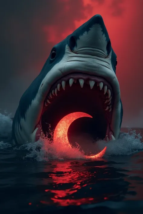 image, a fierce shark with sharp teeth and a partially open mouth is swallowing the crescent. The crescent, faintly glowing, is gradually disappearing into the shark’s jaws, creating a sense of dominance and control.  

The scene is dominated by deep red a...