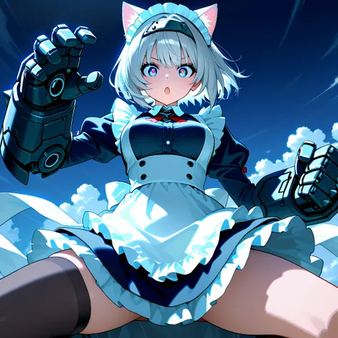 (masterpiece:1.3, highest quality, highres),1girl, giant mechanical fist\metal spike , A large mechanical headband in the shape of cat ears: 1.2, (beautiful eyes:1.3, Best quality eyes: 1.2, Detailed eyes: 1.2, Popping out eyes), (short bob, silver hair:1....