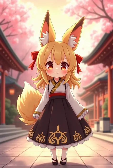 "4K anime style quality, digital drawing mode, a cheerful young kitsune girl with long blonde hair tied with red ribbons, big golden fox ears, and a fluffy tail, wearing a traditional black and white shrine maiden outfit with golden design, standing in a s...