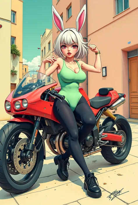 Manga style,  girl with rabbit ears,  jumping,  pose of Victoria , black tights stockings ,  black shoes, light green one-piece swimsuit,  platinum blonde hair , Red lips, Eyes in shades of magenta, In the background a futuristic Akira motorcycle 