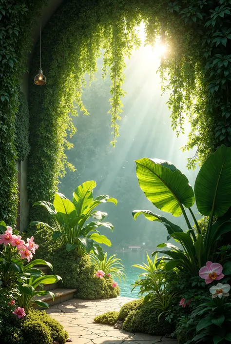 Visualize a lush, tranquil oasis where nature thrives in every corner. Sunlight filters through a canopy of emerald leaves, casting dappled patterns on walls draped with ivy and hanging ferns. Vibrant monstera leaves unfurl beside delicate succulents, whil...