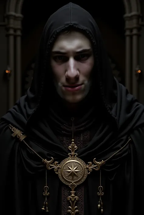  The image is a portrait of a dead ,  dark zombie necromancer magician in a black coat and hood, , an exhausted man, full length and body length , black-robed necromancer a .  He looks terrible ,  harsh and bossy ,  with the piercing gaze of .

**details:*...