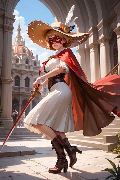  Side view, Full body, standing action pose, on ground, hands is holding 1 slender fencing sword a rapier, looking at viewer, 1 White American Actress, (golden short hair, serious, Black wide-brimmed hats with White one feather, eye hide Red mask with stri...