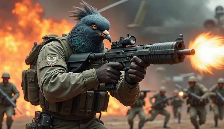 Realistic Rambo Pigeon holds 2 heavy machine guns and shoots at roosters in military uniform against the background of a helicopter that is all on fire , a pilot rooster screams in it