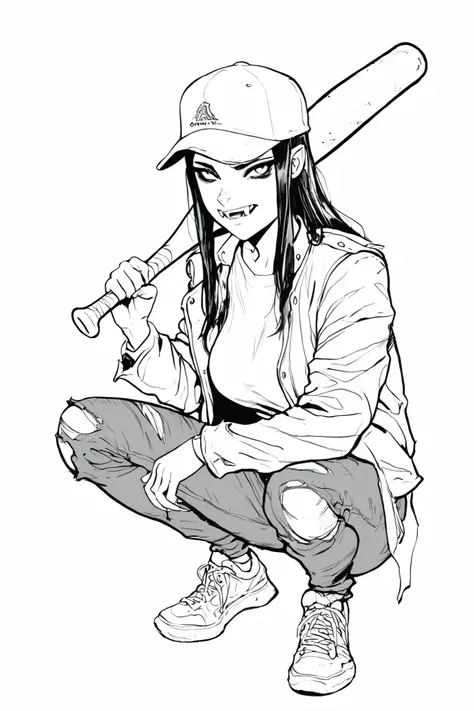 masterpiece, best quality, amazing quality, very aesthetic, high resolution, line art, four fingers and a thumb,
timbrook, 1girl, vampire fangs monochrome, greyscale, solo, long hair, torn clothes, baseball bat, baseball cap, jacket, shoes, pants, holding,...