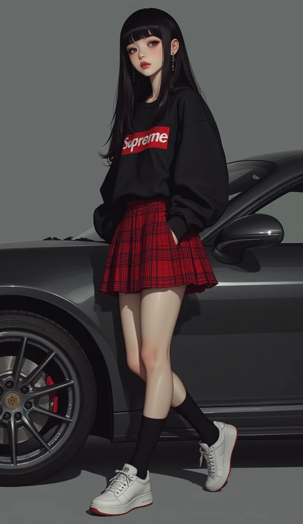  Asian girl , Young, 19 years old,  long black hair with bangs , empty look,  penetrating look, staring, fallen angel look ), calm, series,  without much expression , Wearing black sweatshirt with Supreme logo, And a short red plaid skirt , black socks tha...