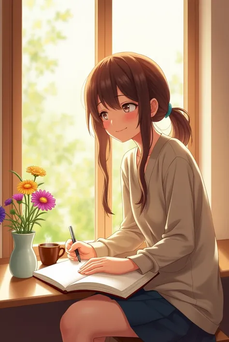 Mia sits at a sunny window, a journal open on her lap.  Sunlight warms her face.  She's smiling gently as she writes, a small, contented expression.  A steaming mug sits beside her.  A few colorful flowers are in a vase nearby.