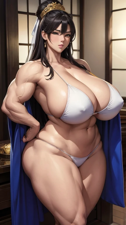 In the room、 dressed in a white bikini and delicate Hanfu decorated with gold。， posing in a room ,  so beautiful.  big muscles ,   has an exaggerated big physique ,  big muscles ,  thick body, There is an ancient Japanese woman with a ridiculously huge phy...