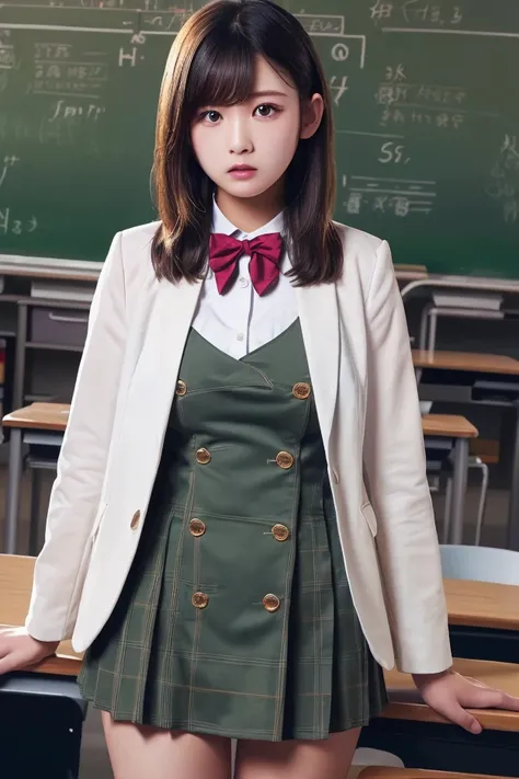 ( top quality, 4K, 8k,  Hi-Res,  Masterpiece:1.2)nsfw,School、classroom、,blazer style uniform:1.3), long hair、  short hair、 big breasted、Frustrated