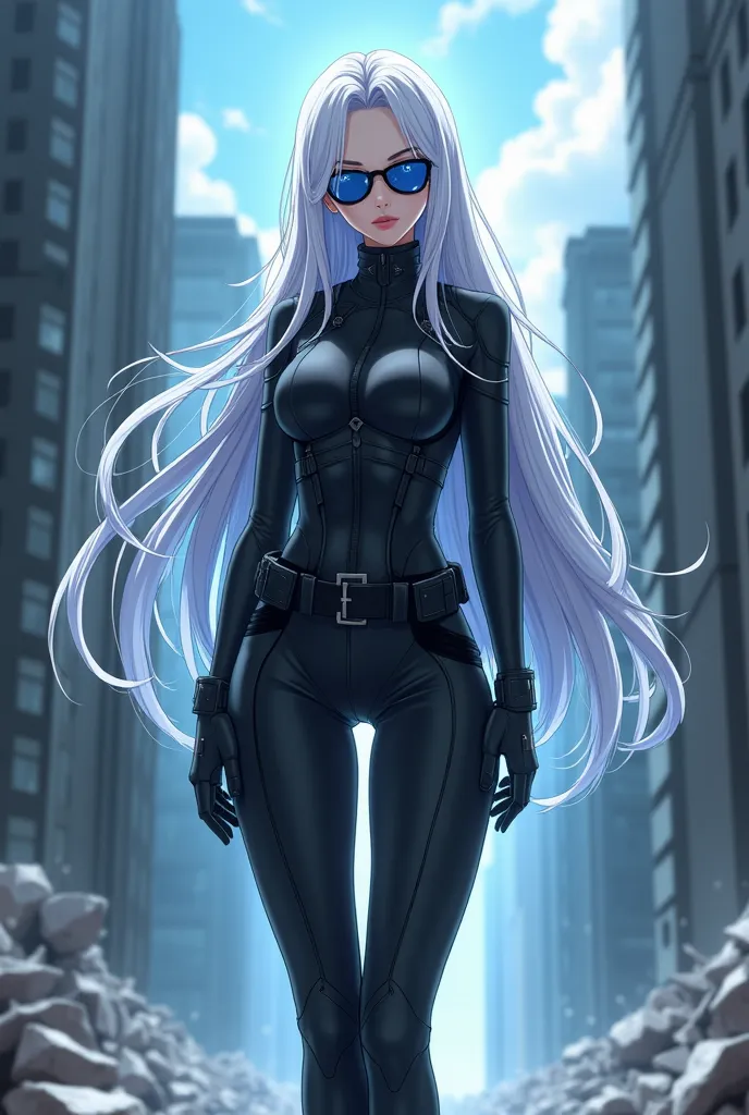 "4K anime style quality, digital drawing mode, a tall and striking woman with long silvery-white hair, bright blue eyes hidden behind stylish sunglasses,, wearing a black combat suit that accentuates her confident demeanor, standing in a crumbling cityscap...