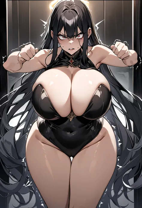 Standing height: 167cm, E-cup breasts with a thin waist and curved hips. Face has big eyes, full lips, and elegant features. Long black silky hair flows down. Fair smooth skin, masterpiece, best quality, yandere traits, jealous expression, glaring, clenche...