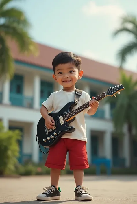 Indonesian man aged five wearing a short sleeved white shirt wearing red shorts wearing sneakers is playing a star-shaped metal electric guitar in front of the school face looking at the camera the image looks realistic