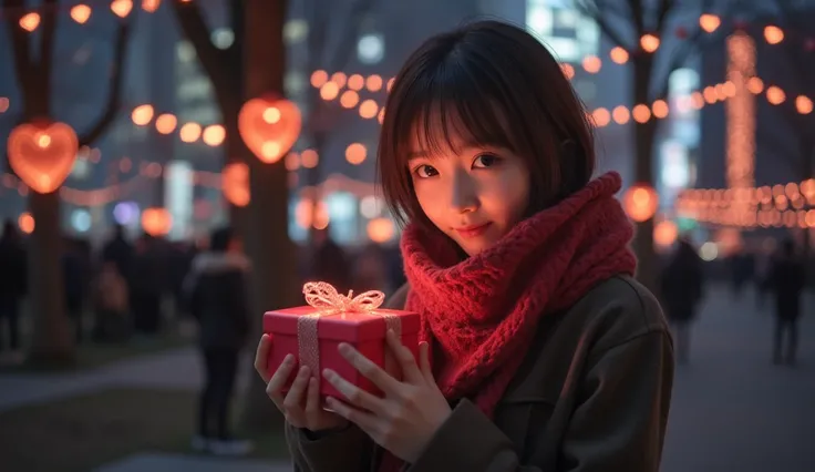 Valentine day, at winter dusk, in the park in the urban area, Tokyo, gorgeous cityscape, city shines with illuminations, a beautiful Japanese girl, dressed in school uniform with a warmly scarf, holding a gift box in the palm of her hand and discreetly to ...