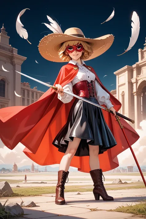  Side view, Full body, standing action pose, on ground, hands is holding 1 slender fencing sword a rapier, looking at viewer, 1 White American Actress, (golden short hair, serious, Black wide-brimmed hats with White one feather, eye hide Red mask with stri...