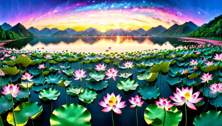 超 high image quality, high image quality, high quality , Spectacular Scenery , Magnificent Pure Land of Paradise ,((( large group of huge and very beautiful lotus flowers that fill the surface of the lake))),(((1000 lotus flowers on the surface of the la...