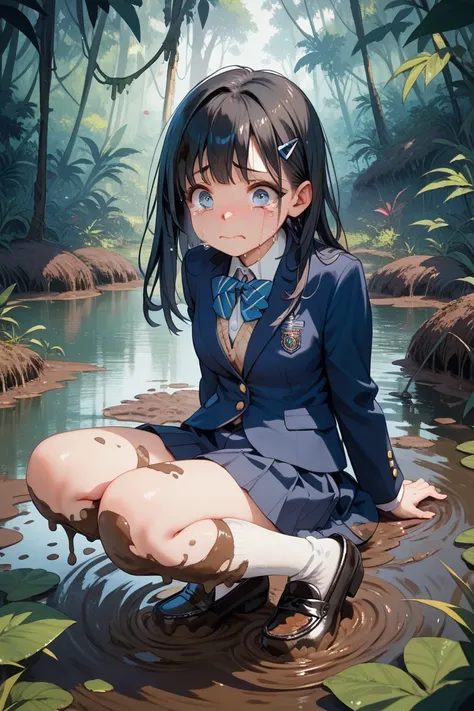  high school girl, navy blue blazer,Navy Skirt, white socks,Black Loafers, long black hair,Muddy blazer,Skirt covered in mud,Socks covered in mud, Jungle,Swamp,whole body, facedown, crying face　