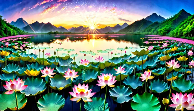 超 high image quality, high image quality, high quality , Spectacular Scenery , Magnificent Pure Land of Paradise ,((( large group of huge and very beautiful lotus flowers that fill the surface of the lake))),(((1000 lotus flowers on the surface of the la...