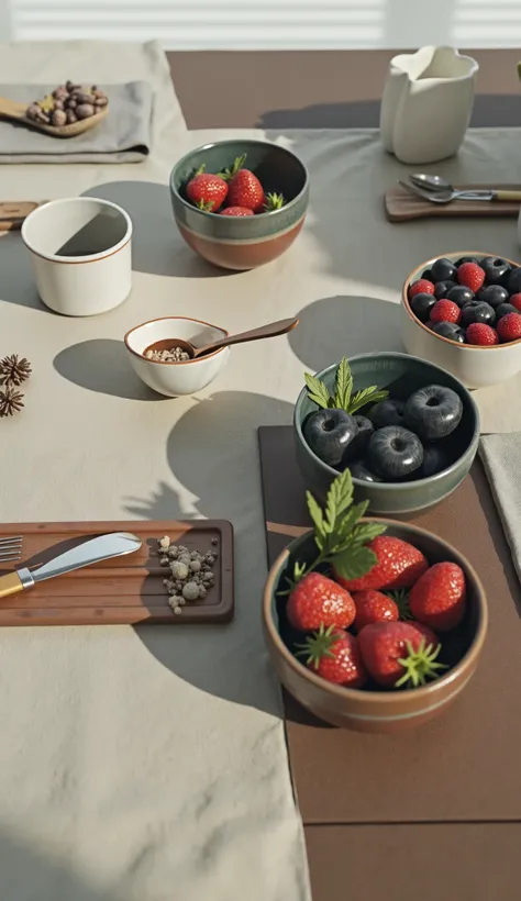 Image of a berry bowl seen from above. The bowl must be on a well-arranged table that looks like breakfast. Place utensils such as spoon and fork. Include a coffee cup and napkin.