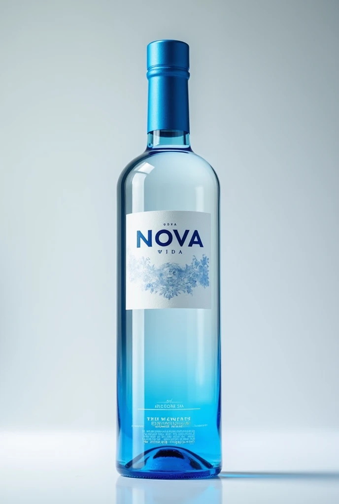 350ml clear vodka bottle with blue bottle top and a sticker at the middle written nova vodka and below it write indulge in a crispy taste 