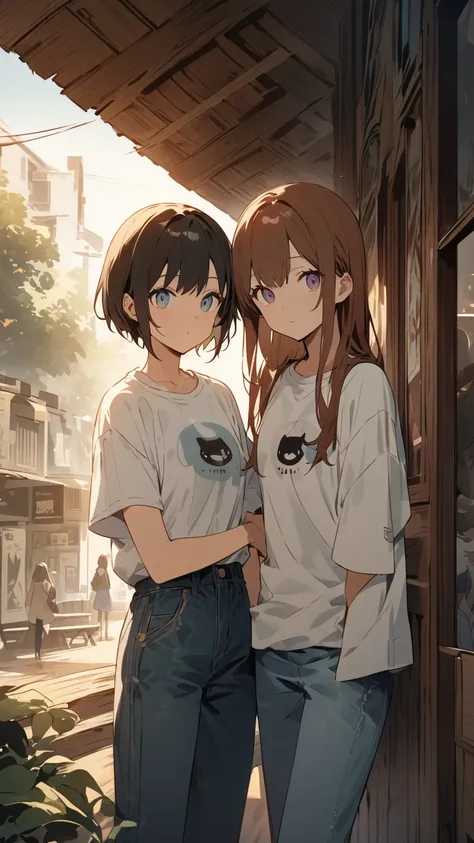 (((single panel 、 one picture、 illustration)))、Two anime-style young women 、 and wear 、 have beautiful white T-shirts and denim pants 、 or casual clothes 、 stand side by side in a peaceful urban park 。especially、 the two look closely at each other 、 their ...