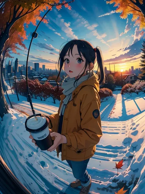  Masterpiece， top quality ，   high image quality ，(  super flat  ，  flat shading to drip saliva into a cup  )，   Fisheye Lens ， overlooks the autumn city from the park garden ， autumn leaves，Snow Scene，Autumn sky，dusk，  Beautiful Sunset ，Wide angle，  brigh...